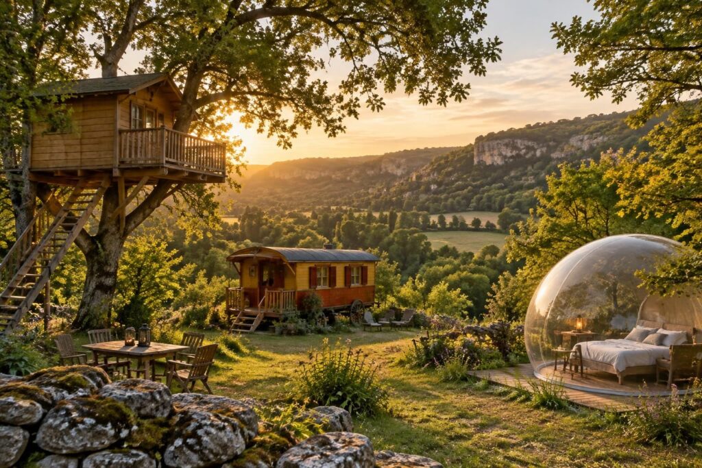vivez une escapade insolite dans le lot : séjournez en cabane, roulotte ou bulle et profitez d’un cadre unique au cœur de la nature.